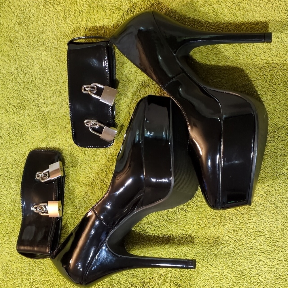 Pleaser Shiny Black Platform Heels with Lock Detail